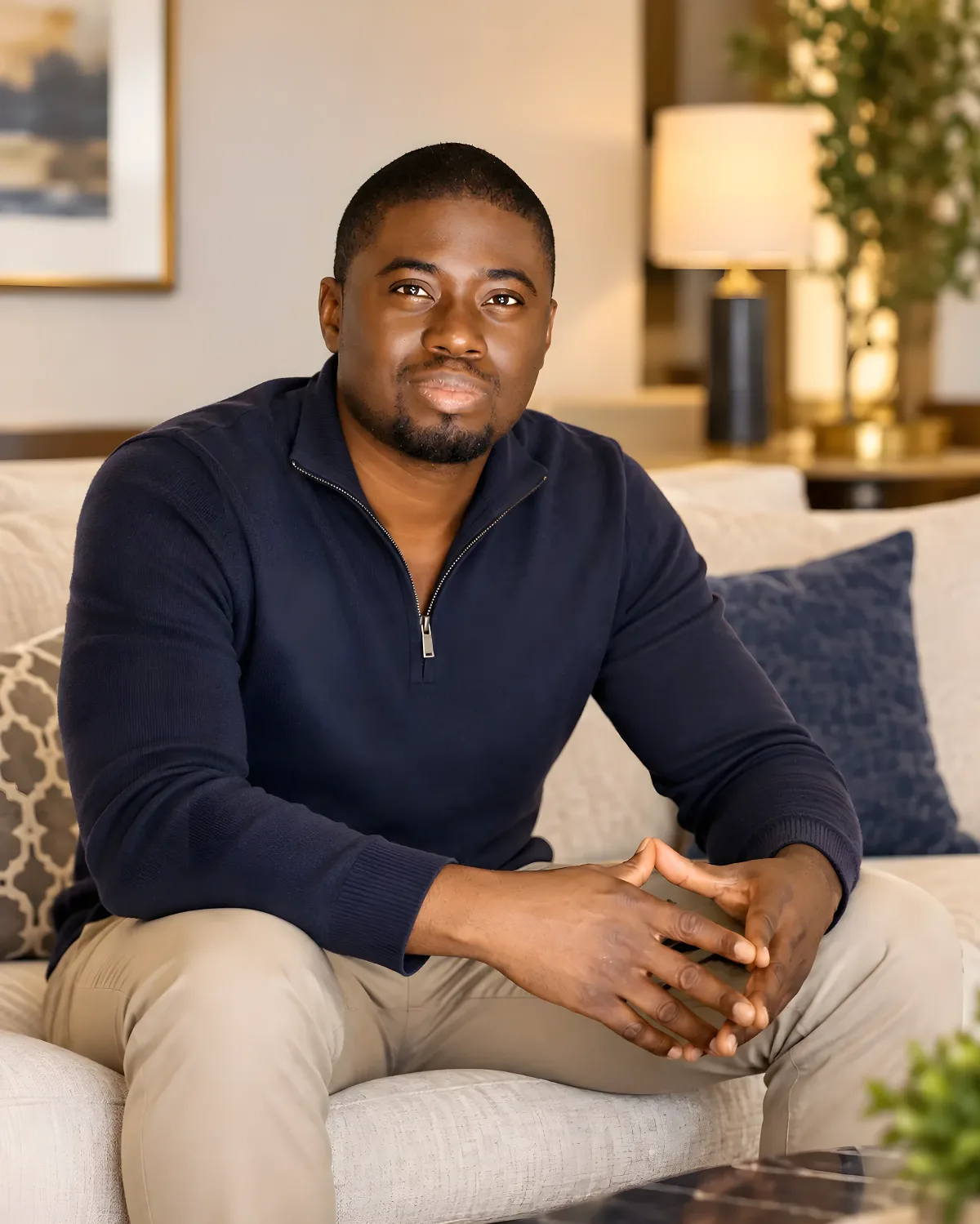 Chi Odogwu seated on a light sofa