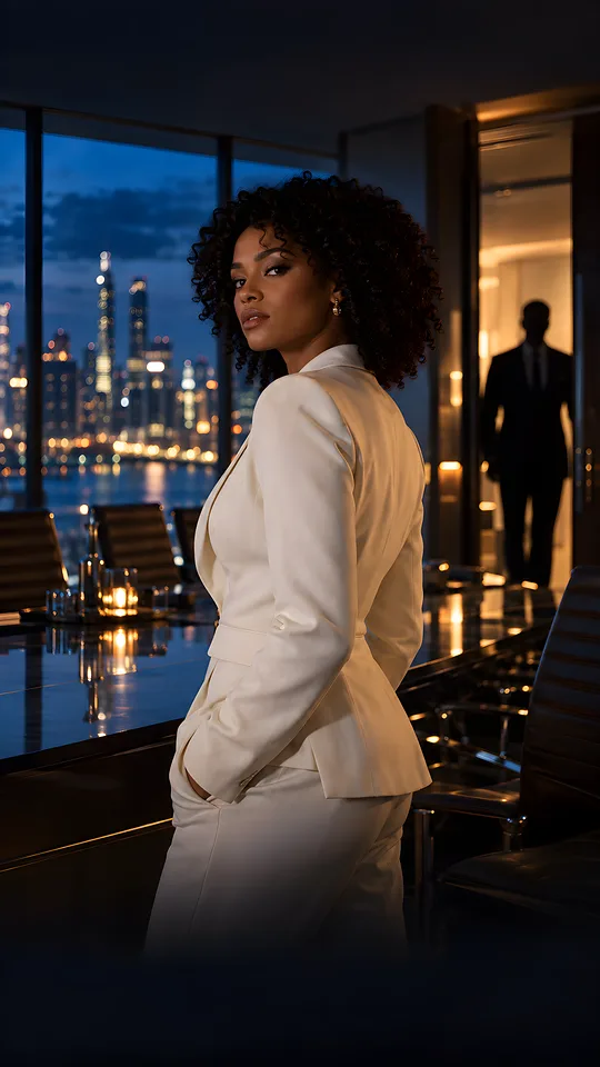 A still from a fictional vertical drama: a woman in an ivory suit looks back at the camera in a night-lit boardroom